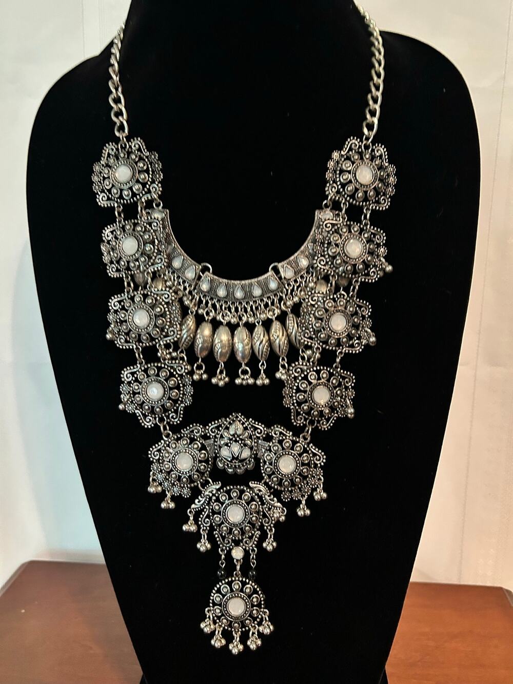 Silver Tone Tribal Statement Bib Necklace 12 Inch Boho Collar Chunky Medallion